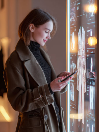 A woman with short hair uses her smartphone while standing beside a glowing digital display in a trendy retail store. The atmosphere is warm and inviting.の素材