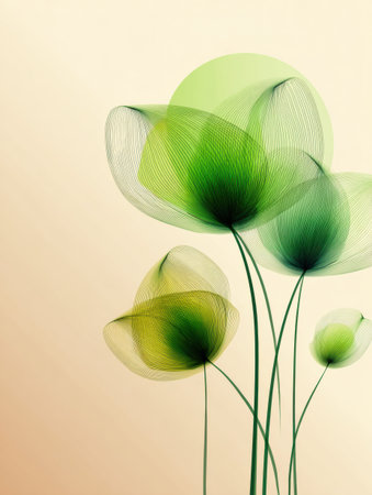 Delicate green flowers rise elegantly against a soft backdrop, presenting an abstract representation of nature with their gentle curves and shapes.の素材