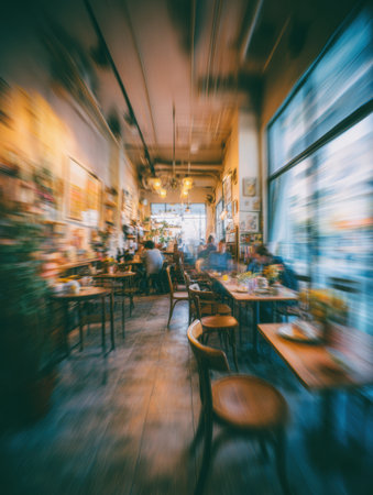 People socialize and enjoy food in a warm, inviting cafe filled with unique decor and bright natural light on a pleasant afternoon.の素材