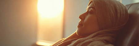 A woman sits comfortably and peacefully in a well-lit room, soaking in the soothing sunlight during the late afternoon hours.の素材