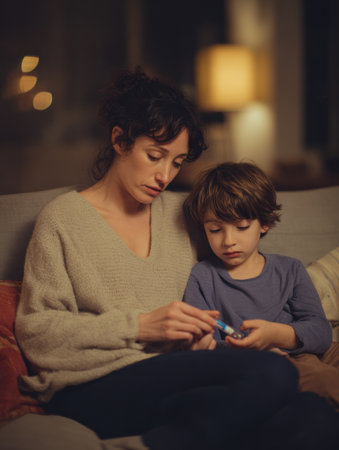 A mother and her young son spend quality time in a warm, softly lit living room, focused on playing with toys and sharing a special moment together.の素材