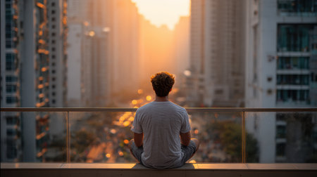A person sits cross-legged on a balcony, enjoying the warm glow of sunset as the city skyline is bathed in soft light and vibrant colors.の素材