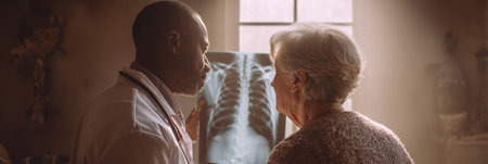 A doctor explains chest X-ray findings to an elderly woman while standing in a softly lit room. Their expressions show engagement and concern.の素材
