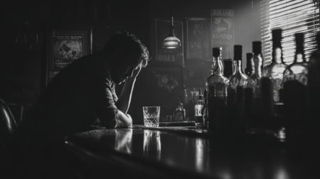 A man sits alone at a bar counter, deep in thought while a glass rests in front of him. The atmosphere is dimly lit with shadows creating a moody vibe.の素材