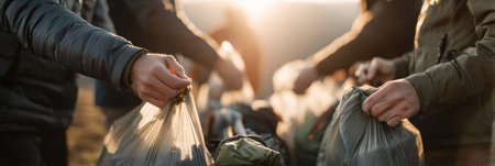 Volunteers gather at sunset for a community cleanup, collecting trash in bags to improve the local environment and promote teamwork among participants.の素材