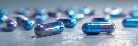 Vibrant blue capsules are scattered across a soft surface, reflecting light and displaying their glossy texture and intricate design during daylight.の素材