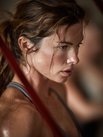 A determined woman engages in a rigorous workout indoors, showing strength and concentration while beads of sweat glisten on her skin.の素材