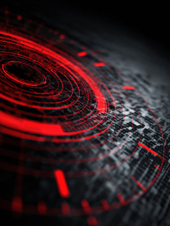 This artwork features complex red circular designs layered on a dark surface, creating a striking visual effect that draws attention and invites exploration.の素材