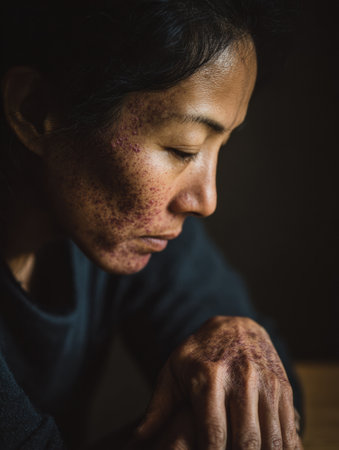 A woman with textured skin reflects quietly, her contemplative expression softly lit by the warm glow of evening light.の素材