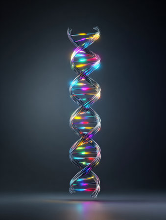 Brightly lit DNA helix stands tall, reflecting various colors.の素材