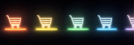 Neon shopping carts in various colors are lined up against a dark backdrop, creating a vibrant visual for a contemporary marketplace theme.の素材