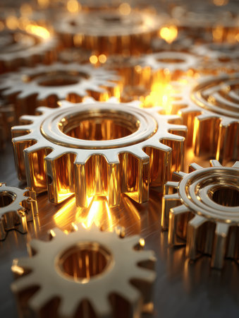Golden gears are interlocked, casting a warm glow that highlights their intricate designs.の素材