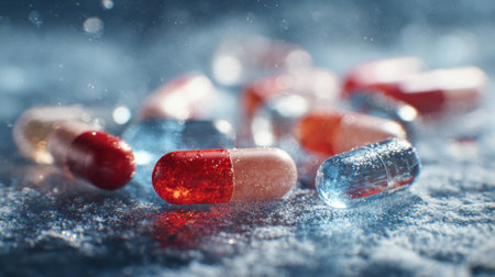 Capsules of various colors are scattered on a cool, textured surface with droplets of water adding a fresh element to the scene, creating a vibrant display.の素材