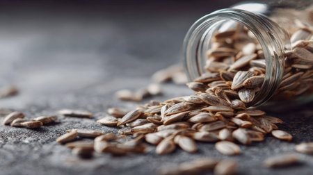 Sunflower seeds are scattered across a dark surface with a glass jar tipped over, highlighting the seeds shape and intricate details in natural light.の素材