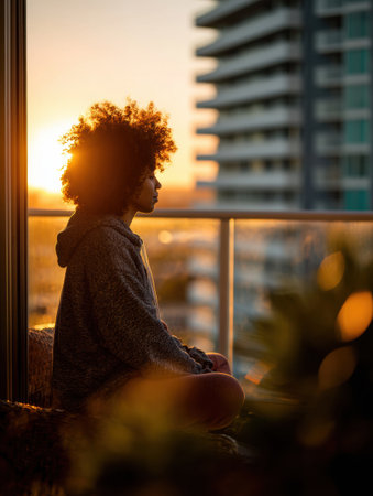 Woman sits in meditation on a balcony during sunset, with warm light illuminating her curly hair and a city skyline in the background.の素材