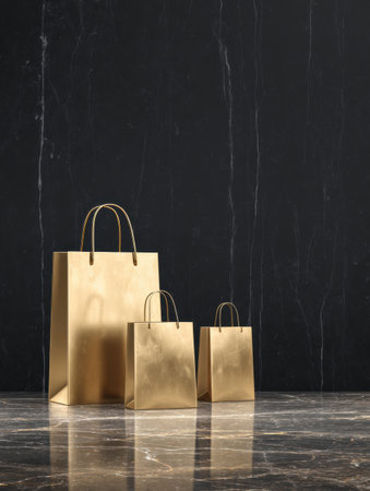 Three stylish gold shopping bags are arranged artistically on a sleek marble floor, set against a rich black stone wall, enhancing a feeling of elegance.の素材