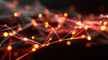 Bright lights form a web, showing the dynamic interplay of technology and energy in a digital space.の素材