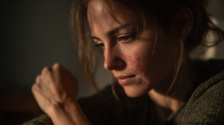 A woman contemplates her feelings while seated in a dimly lit space, a look of worry evident on her face during the evening hours.の素材