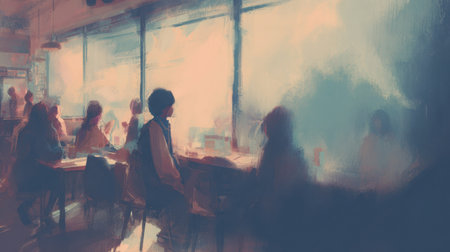 A cozy cafe setting with patrons quietly sitting and enjoying their time while watching raindrops trickle down the foggy windows in the afternoon.の素材