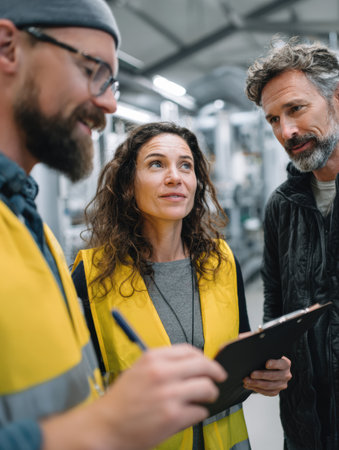 Two workers in safety vests engage in conversation with a team leader holding a clipboard inside a well-lit industrial facility during the day.の素材