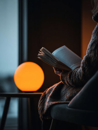 A person enjoys a book while seated in a comfortable chair, illuminated by a soft orange light. The scene captures a serene moment of relaxation indoors.の素材