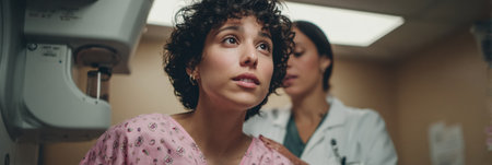 A patient sits in a healthcare facility wearing a hospital gown while a medical professional prepares for a checkup. The scene highlights attentive care.の素材