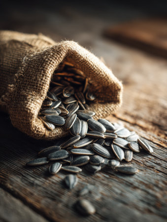 Sunflower seeds cascade from a burlap sack onto a textured wooden table, illuminated by soft, natural light, creating a warm atmosphere.の素材