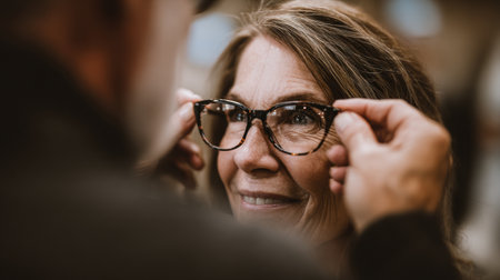 A woman enjoys a light-hearted interaction as another person adjusts her eyeglasses, showcasing a moment of care and connection in a cozy atmosphere.の素材