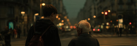 Two individuals stroll side by side in a city street, surrounded by soft lights as dusk settles in, creating a peaceful urban atmosphere.の素材