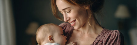 A woman smiles as she cradles her baby close, enjoying a tender moment of affection in a softly lit room, reflecting warmth and joy.の素材