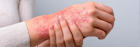 Close-up view of hands showing skin irritation with red spots. The condition stresses the importance of skincare and effective treatment in managing symptoms.の素材