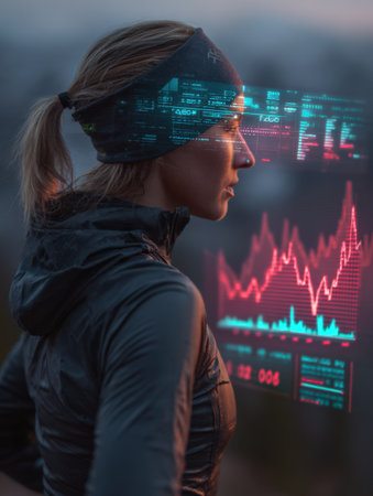 A focused athlete examines digital data projections at dusk, surrounded by a serene mountain landscape, showing determination and technology.の素材