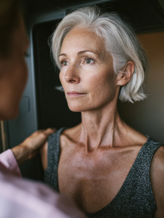 A woman with short silver hair is focused and relaxed while receiving a beauty treatment at a contemporary spa. The ambiance reflects tranquility.の素材