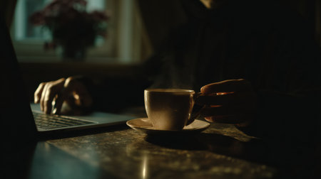 A person sips coffee and types on a laptop at a cozy, dimly-lit table with soft light from a nearby window.の素材