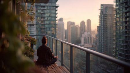 A person sits cross-legged on a balcony, meditating at sunset while facing a vibrant city skyline filled with towering buildings and a warm glow.の素材