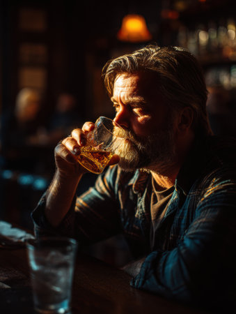 A man with a beard sips whiskey from a glass, reflecting softly on life in a dimly lit bar, surrounded by a warm, inviting atmosphere.の素材