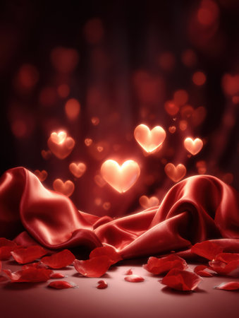 Soft fabric lies beneath a cascade of rose petals, illuminated by floating glowing hearts in a warm and romantic setting, perfect for celebrations.の素材