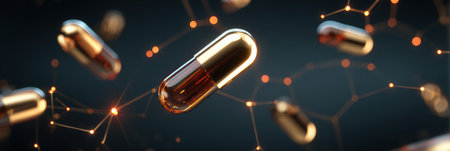 Capsules appear to float in mid-air surrounded by glowing particles, creating a captivating and dynamic atmosphere in a dark environment.の素材