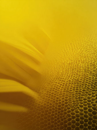A detailed close-up showcases the unique texture of a sunflower in bright yellow, revealing its hexagonal patterns illuminated by sunlight.の素材