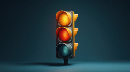 A traffic light displays an orange and green signal glow, standing prominently against a dark background, highlighting its features and colors.の素材
