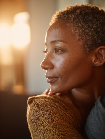 A woman gazes thoughtfully into the distance, highlighted by warm evening light filtering through a nearby window, evoking a sense of calm and introspection.の素材