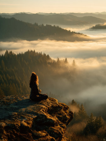 A person sits in a meditative pose on a rocky ledge, watching as the sun rises over misty valleys and mountains, creating a serene atmosphereの素材