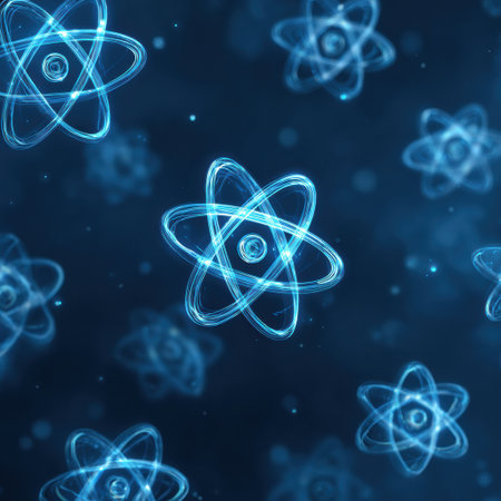 Digital art displays glowing blue atomic structures set against a deep blue backdrop, illustrating the fundamental components of matter in an engaging way.の素材