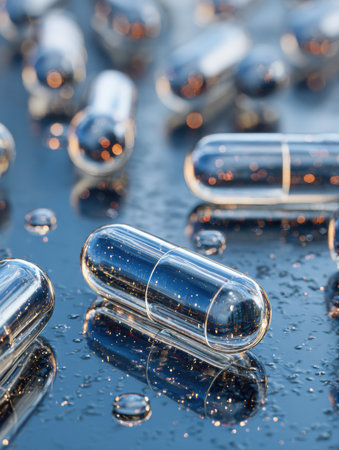 Clear capsules lie on a shiny surface with droplets of water, highlighting the importance of health supplements and their clean presentation.の素材
