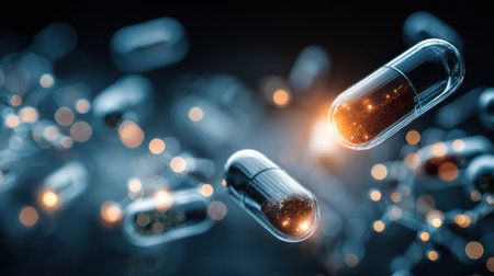 Capsules float in a dark background filled with glowing particles, creating an abstract and captivating scene that evokes a sense of science and technology.の素材
