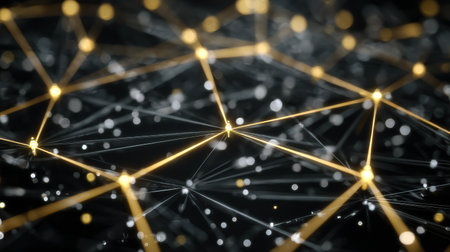 A close-up of glowing points and lines depicts modern technology and the intricate patterns of digital communication.の素材