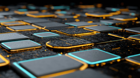 Futuristic geometric shapes arranged on a dark surface feature glowing edges of orange and blue.の素材