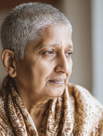 An older woman with short gray hair sits pensively, wrapped in a patterned shawl, lost in thought while looking out of a window in soft light.の素材