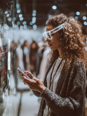 A woman uses her smartphone and smart glasses to explore a digital display in a contemporary retail environment, surrounded by other shoppers.の素材