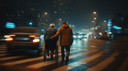 Two individuals navigate a bustling urban street at night, with one man pushing an elderly person in a wheelchair as cars pass by.の素材